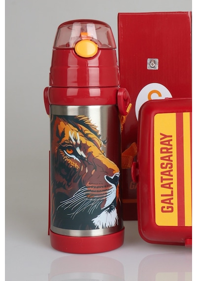 "dekomus Cep Defteri Hediyeli" Yeni Sezon Lisanslı Galatasaray Leon Askılı 500 Ml Çelik Matara Ve Çizgili Beslenme Kabı Seti Ahşap