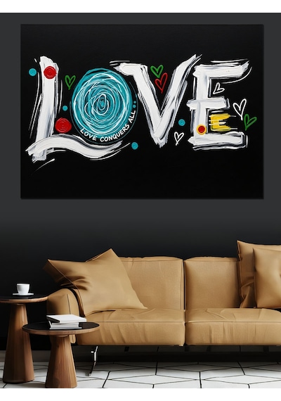 Love Yazısı Kalp Çizim Dekoratif Kanvas - Mdf Ahşap Tablo
