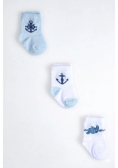 Cocole Socks Erkek Çocuk Soket Çorabı 3 Lü Set Pamuklu Kaplumbağa & Nautical Konsept Desenli Çok Renkli