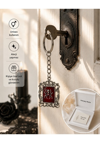 Gotik Örümcek Çerçeveli Anahtarlık Unisex Vintage Kırmızı Detaylı Metal Anahtarlık