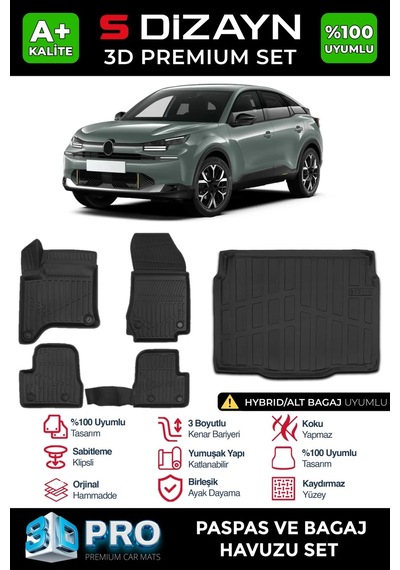 S-dizayn Citroen C4 Hybrid 3d Pro Havuzlu Paspas Ve Alt Bagaj Havuzu Seti 2'li Set 2025 Üzeri A+ K