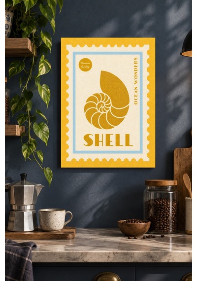 Deniz Kabuğu Damga Desenli Dekoratif Mdf Tablo, Çerçeve Görünümlü Ahşap Poster