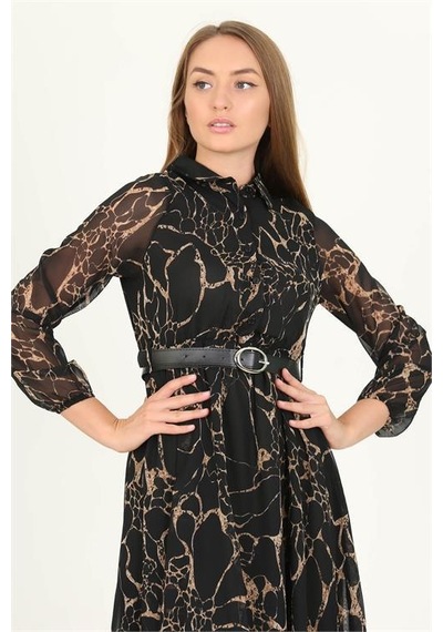 Dip Moda Kadın Gömlek Yaka Kemerli Midi Boy Elbise Dprssn11 Siyah