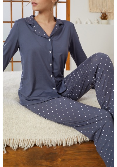 Siyah İnci Gömlek Yaka Düğmeli Milan Örme Pijama Takım25224010 İndigo
