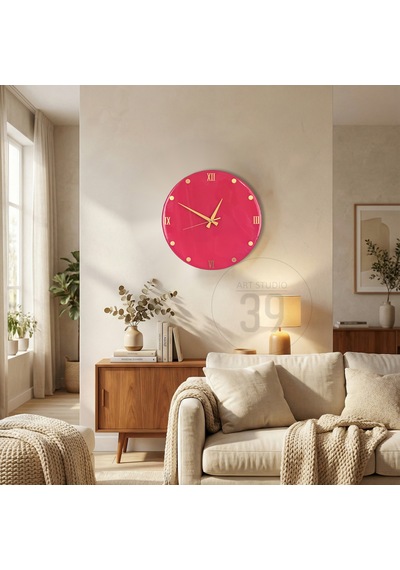 Dekoratif Epoksi Duvar Saati 40 Cm, Fuşya Pembe Modern Tasarım, Altın Detaylı, Sessiz Mekanizma, Yeni Ev Hediyesi Pembe