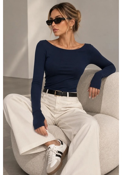 Bb Butik Basic Soft Touch Parmak Geçmeli Kayık Yaka Bluz Mdk35 Lacivert