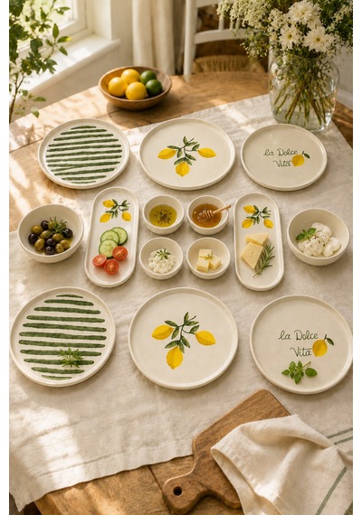 Amalfi 14 Parça 6 Kişilik Seramik Stackable Kahvaltı Takımı Limon Desenli Ayaklı Sunumluklu Sofra Seti Beyaz