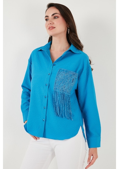 Lela Regular Fit Güpürlü Cep Detaylı Uzun Kollu Bayan Gömlek 6773215 Mavi