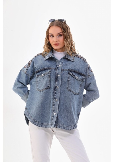 Esb Design Kadın Mavi Cepli Etnik Mevsimlik Düğmeli Uzun Denim Nakışlı Kot Ceket A36-085