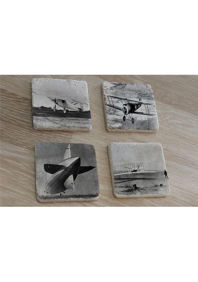 Siyah Beyaz Zeplin Ve Eski Uçaklar Doğal Taş Bardak Altlığı 4'lü Set - Natural Stone Coasters - Taş Beyaz - Siyah