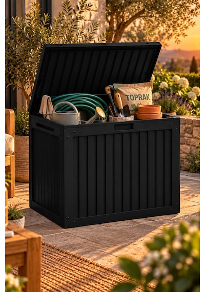 Porsima 161001-010 130lt Kilitli Organizer Kapaklı Bahçe Balkon Kiler Sandığı Çok Amaçlı Depolama Sandığı Siyah Siyah