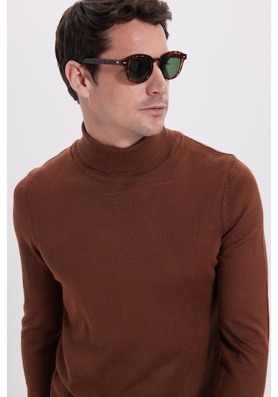 Tudors Slim Fit Tam Boğazlı Yaka Düz Yün Kahverengi Erkek Triko Kazak-39415 Kahverengi