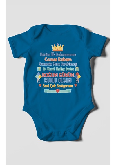 Morivokids Canım Babam Doğum Günün Kutlu Olsun Kısa Kollu Bebek Body %100 Pamuk Koyu Mavi