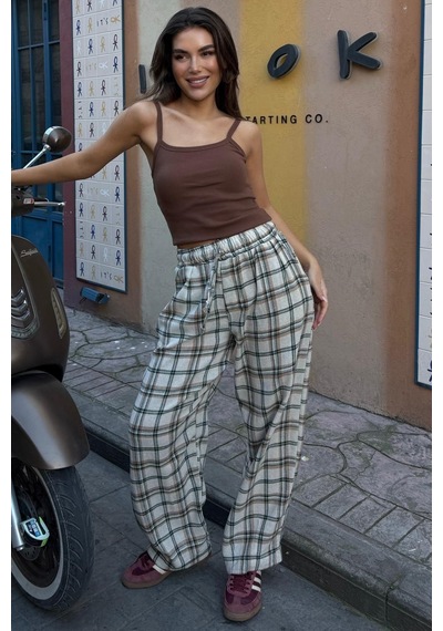Bej Ekose Desenli Balon Fit Kadın Pantolon Mg2686 Bej
