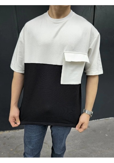 Erkek Kısa Kol Yazlık Tişört Torba Cepli Parçalı T-shirt - Siyah