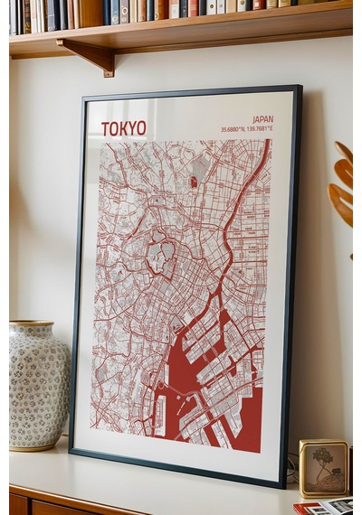 Tokyo Japonya Japan Haritası Çerçeveli Tablo Lüks Salon Ofis Duvar Dekorasyonu Hediyelik Tablo