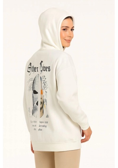 Defymoda Oversize Üç İplik Şardonlu Kapüşonlu Sweatshirt Beyaz Other Lives Ön Ve Arka Baskılı, Kanguru Ce