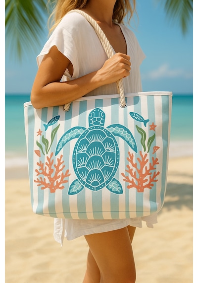 prendi home caretta caretta desenli buyuk boy piknik ve plaj cantasi halat sapli 55x36x15 cm cok renkli 79065620