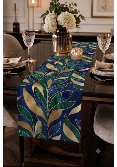 Premium Masa Runner Dijital Baskılı Yaprak Desenli Dekoratif Salon Mutfak Yemek Masası Runner Örtüsü 45x140 Cm Lacivert