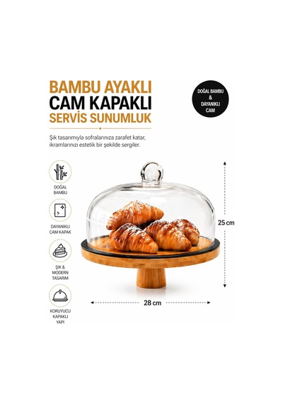 Cam Kapaklı Ayaklı Bambu Pasta Kek Standı Servis Sunum Tabağı, Kek Pasta Fanusu - 28 Cm Şeffaf