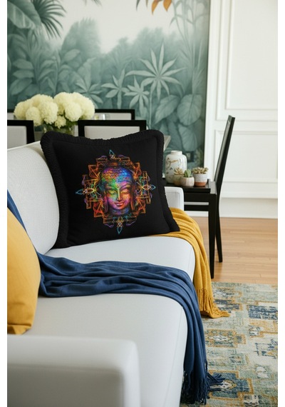 Spiritüel Zen Mandala Saçaklı Yastık Kılıfı - Meditasyon Temalı Bohem Siyah Püsküllü Kırlent Kılıfı Çok Renkli