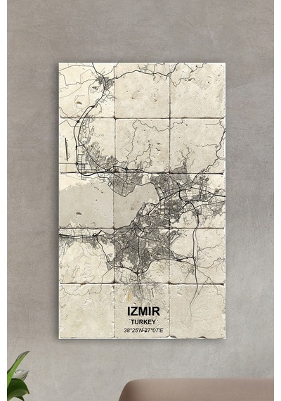 Doğal Taş Tablo - Izmir Haritası - Duvar Dekoru 30x50cm