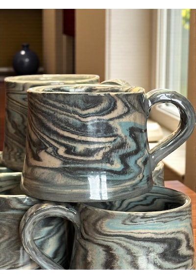 2'li Nerikomi El Yapımı Stoneware Fincan Siyah - Krem - Açık Mavi