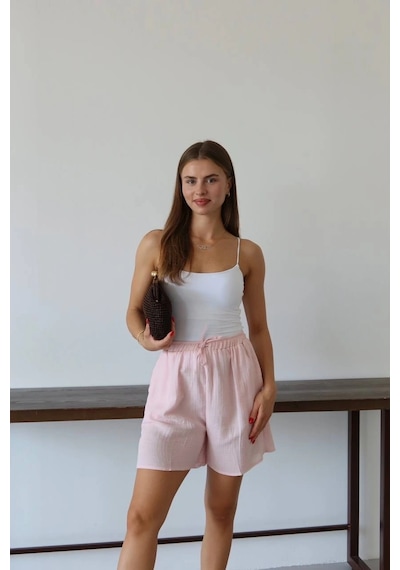 Kazax Müslin Kumaş Şort Bağcıklı Pembe Pt Pembe