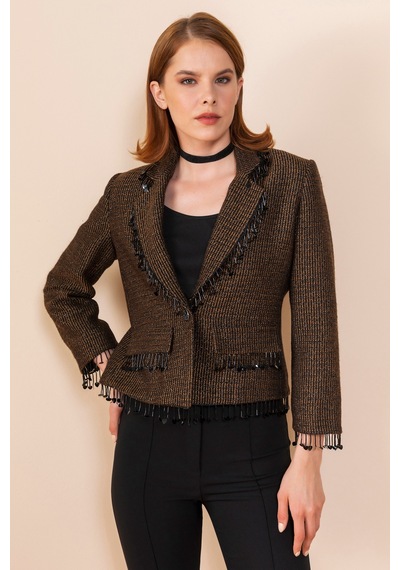 Serpil Exclusive Kadın Püskül Detaylı Kısa Blazer Ceket Kahve