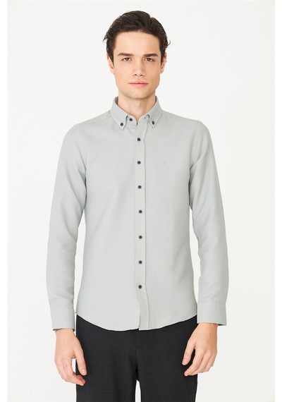 Gri Düğmeli Yaka Uzun Kollu Gömlek Slim Fit Gri