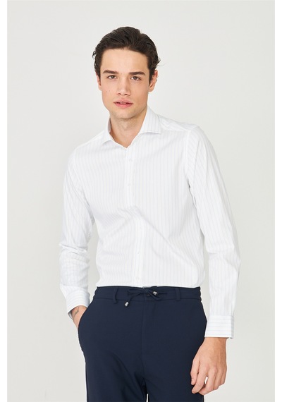 Mavi İnce Çizgili Uzun Kollu Gömlek Slim Fit Beyaz-mavi