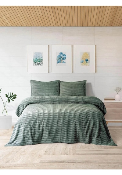 Merinos Modern Line Twist 3 Parça Çift Kişilik Battaniye Seti - Y Yeşil