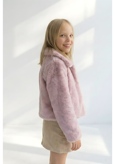 Esila Kids Kız Çocuk Bolero Peluş Ceket İnci Kapamalı Uzun Kollu Çocuk Ceket Gülkurusu