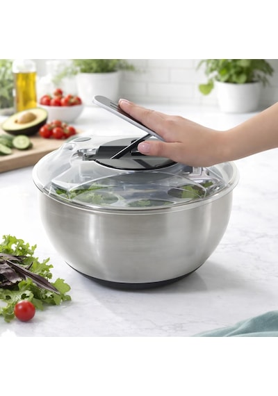 Paslanmaz Çelik Salata Kurutucu Salad Spinner Kapaklı Süzgeç Sepetli, Kaymaz Taban, Hızlı K Kahverengi