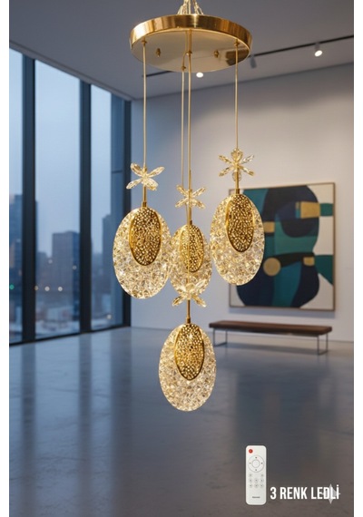 4'lü Hilal Gold Kumandalı Led Avize 3 Renkli Altın