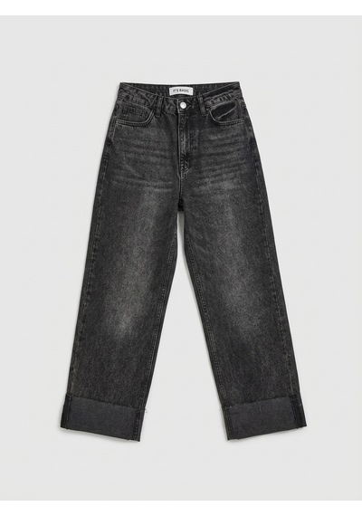 Kadın Koyu Füme 4w6-14 Relaxed Fit Paça Detaylı Denim Jean