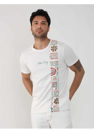 Dufy Ekru Erkek Slim Fit Desenli O Yaka Tshirt - 105309-ekru Ekru