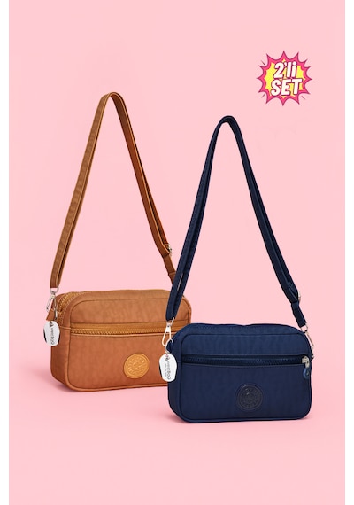 Westbag Kadın Çapraz Askılı Üç Gözlü Fermuarlı Krinkıl Günlük Omuz Çantası 2'li Set Lacivert - Taba