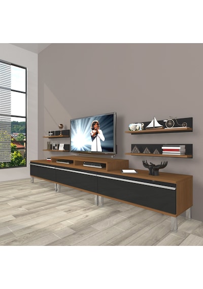 Decoraktiv Ekoflex 270r Mdf Krom Ayaklı Tv Ünitesi Tv Sehpası Ceviz - Siyah