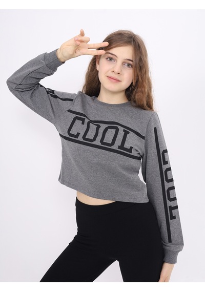 Toontoy Kız Çocuk Cool Baskılı Sweatshirt Antrasit Melanj