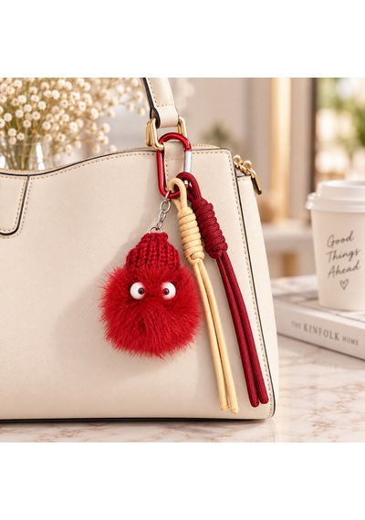 Puffy Bordo Bereli Ponpon Çanta Charmı