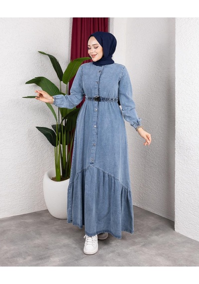 Hb Harma Time Butik Kadın Düğmeli Kuşaklı Denim Kot Mavi Elbise