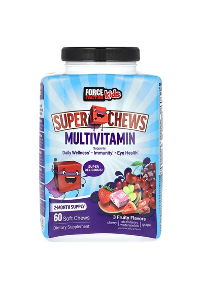 Force Factor Kids Super Chews Multivitamin Cherry Strawberry Watermelon Grape 60 Soft Chews