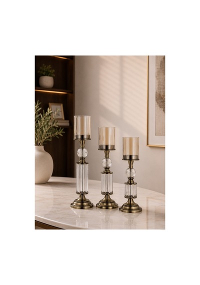 Kristal Ve Cam Detaylı Metal Şamdan Eskitme