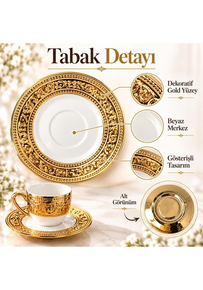 Valkyrie Harem Serisi 6 Kişilik 12 Parça Kahve Fincan Takımı Gold Detaylı Şık Fincan Seti Beyaz Altın