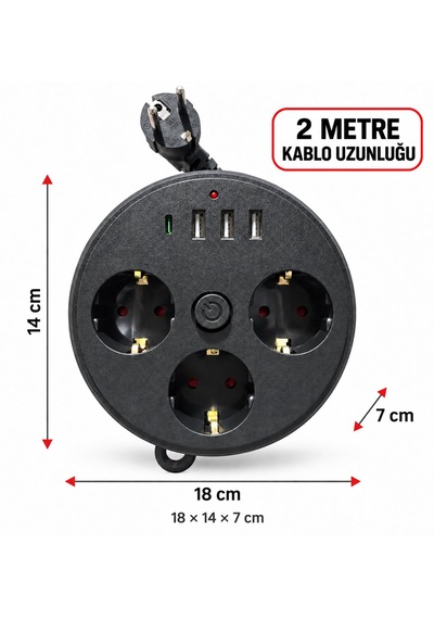 Akım Korumalı Makaralı Priz 2 Metre Kablo 3x Usb Çıkışı 1x Typ-c 3x Priz Açma Kapama Düğmesi 100-250v Ev Ofis