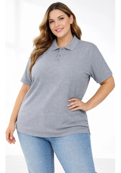 Wear Vexel Kadın Battal Beden Tişört Polo Yaka Pike Kumaş Kısa Kol T-shirt - Gri Gri