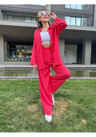 Kadın Gofre Alt Üst Gömlek Fuşya Pantolon Takım - S504472 Pembe