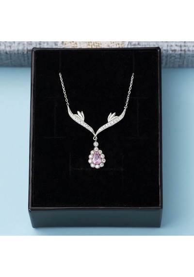 Pembe Damla Zirkon Taşlı 925 Ayar Gümüş Melek Kanatlı Model Kadın Kolye Gümüş - Rodyum