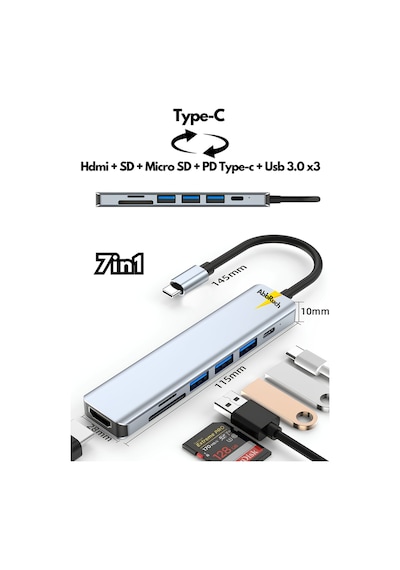 Apple Uyumlu MacBook Pro Air 7in1 Type-c 7 Port Çevirici Hub Hdmi Sd Kart Usb 3.0 Pd Type-c Dönüştürücü